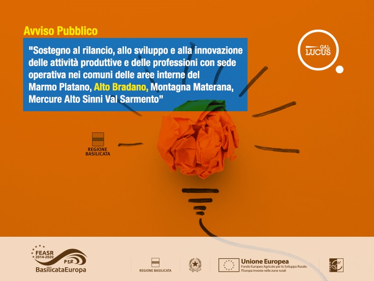 Avviso Pubblico “Sostegno al rilancio, allo sviluppo e alla innovazione delle attività produttive e delle professioni con sede operativa nei comuni delle aree interne del Marmo Platano, Alto Bradano, Montagna Materana, Mercure Alto Sinni Val Sarmento”